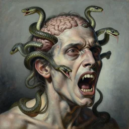 a painting of a decapitated screaming man's aged face with biting serpents swarming out of his exposed brain, a surrealist painting, polycount, surrealism, surrealist, lovecraftian, cosmic horror
