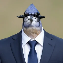a man wearing a suit and tie with the head of a bluejay bird