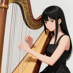 anime girl playing highly detailed harp instrument by hyeyoung kim, stanley artgerm lau, wlop, rossdraws, james jean, andrei riabovitchev, marc simonetti, and sakimichan, full body portrait, intricate, face, elegant, beautiful, dramatic lighting, sharp focus, artstation