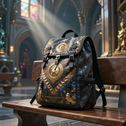 a magical backpack on the bench of a futuristic cathedral of the indeterministic religion by krenz cushart, fantasy, dramatic light