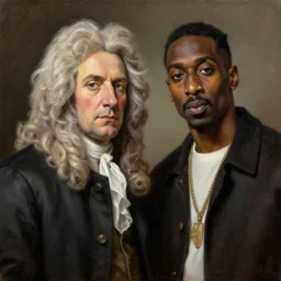a classical portrait of sir isaac newton and tupac shakur as good friends, oil on canvas