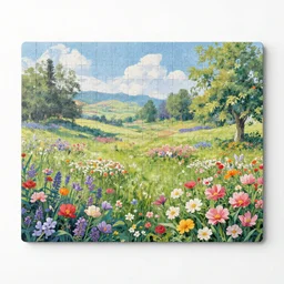 a jigsaw puzzle of a flowery landscape