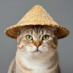 A portrait of a cat wearing a small vietnamese straw hat, artwork by Sergey Kolesov