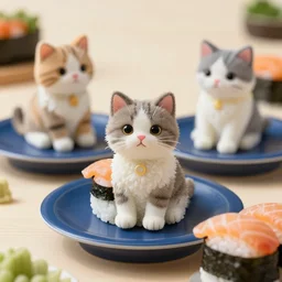 clear photorealistic picture of adorable cats made out of sushi, sitting on sushi plates, additional sushi