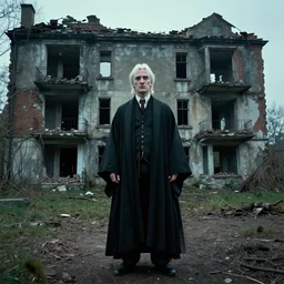 Voldemort standing in front of the ruins of an apartment, cinematic photography, HD, eerie