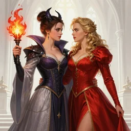 a beautiful and detailed illustration of a lesbian wedding between emma watson as an evil pyromancer and scarlet johansson as a red mage, in the style of magic the gathering, highly detailed, digital painting, unholy union, white church background, god rays, sharp focus, highly detailed, studio quality, colorful, smooth render, award winning, art by rebecca guay and by arthur rackham and by alphonse mucha and by john william waterhouse