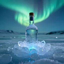vodka bottle buried in icy blue crystals in the arctic under aurora borealis