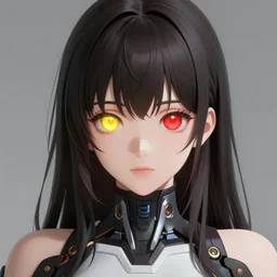 A realistic anime painting of a beautiful android woman with glowing yellow and red eyes heterochromia. digital painting by Sakimichan, Makoto Shinkai, Rossdraws, Pixivs and Junji Ito, digital painting. trending on Pixiv. SFW version —H 1024