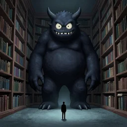 a gigantic monster stands in a library. art in the style of house of the dead ps 1 game. lonely, liminal.