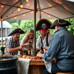 colleagues having a pirate themed barbecue hiding from the rain under a party tent