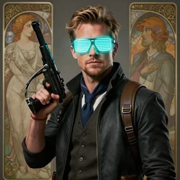 a detailed full bodied matte portrait of jensen ackles as time traveler wearing an ascot, holding a grenade launcher, wearing glowing neon shuttered glasses!!!!, masterpiece, 8 k, art by greg rutkowski and albert bierstadt and arthur rackham and alphones mucha
