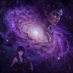 purple cosmic galaxy, digital painting masterpiece, by ilya kuvshinov, by frank frazetta, by mœbius, by reiq, by hayao miyazaki, intricate detail, beautiful brush strokes, advanced lighting technology, 4 k wallpaper, interesting character design, stylized yet realistic anatomy and face, inspired by kill bill animated scene
