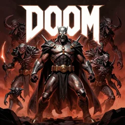 ( doom ) cover featuring doom slayer!! doom marine!! surrounded by demons, by kenneth scott, artstation, vivid gaze
