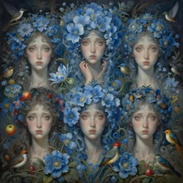 breathtaking detailed concept art painting pattern of blend goddesses of light blue flowers with anxious piercing eyes and flowers and fruits and birds, by hsiao - ron cheng and beto val and john james audubon, bizarre compositions, exquisite detail, extremely moody lighting, 8 k