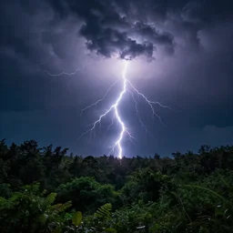an extreme thunder storm where lightning light up the night sky, Dark fantasy, unreal engine, realistic, green, forest, night sky,