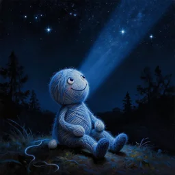 low angle shot of smiling yarn creature sittingon a hill looking up at the stars, beads for eyes, looking up at the stars. made of fuzzy yarn string. black sky. dark trees. dark night. single rays of blue moonlight. dramatic blue lighting. cinematic angle. low angle shot, oil painting, highly detailed, intricate, art by greg rutkowski and tim hildebrandt and art