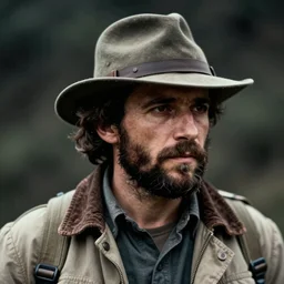 an action portrait of a man with a beard wearing explorers clothes and hat, dramatic, motion blur, headshot, by robert capa, trending on artstation, octane render, unreal engine 5