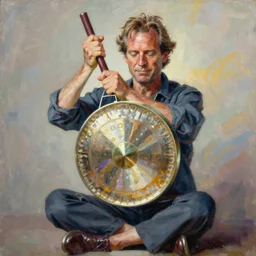 acrylic painting, portrait of James Coburn in lotus position banging a large shiny Chinese bronze gong by Samson Pollen