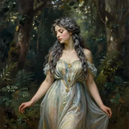 beautiful nymph in dress with gray hair in forest, oil painting, hyperrealistic, ultra detailed, 4 k, john waterhouse and john everett millais, classicism, raphaelites