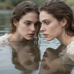 very close up digital photo portrait of a beautiful woman mirroring herself in the water of a calm river, dress beauty lace inspired by narciso in style of nicholas fols, britt marling style 3 / 4, 1 5 0 mm, f. 1. 4, soft blur light, volumetric lighting, highly detailed, realistic, refined, highly detailed, interstellar outdoor soft pastel mute colours scheme, outdoor fine art photography, hyper realistic, photo realistic