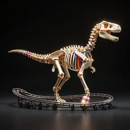 Simple bionic exploded drawing dinosaur skeleton sculpture made from rollercoaster, with colorfull big tubes organs, by david lachapelle, by angus mckie, by rhads, in a dark empty black studio hollow, c4d, at night, rimlight, rimight, rimlight, c4d, blender donut tutorial, octane