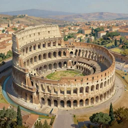 a colosseum like arena with it's central part surrounded by a ditch, view from the sky, detailed painting, 8 k,