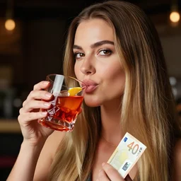 beautiful woman with long straight dark blonde hair and brown eyes drinking a negroni cocktail and holding a 4 0 euro bill, hyper realistic, art station, octane render