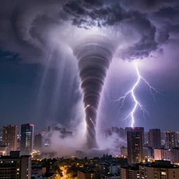 water tornadoes and lightning strikes the city, ultra realistic, photorealistic, highly detailed, sharp focus, vivid, colorful