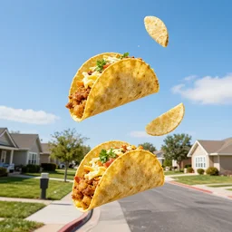 tacos falling from the sky, suburban neighborhood