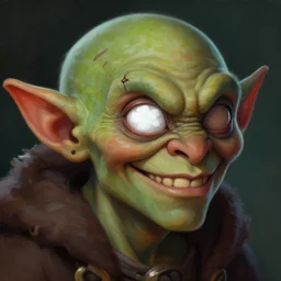 headshot of a dnd goblin, a white clouded eye and a scar, wicked smile, greenish skin, painting in the style of boris vallejo and Jeff Easley, digital art, photoshop, trending on artstation,