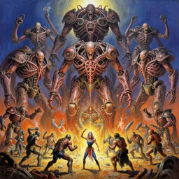 oil paint of 1 1 horrifying machines mechs wearing flayed gods in tiers, colossal medical gangrene machines in tiers, dethroning melee, battle pit, by shigeru komatsuzaki, by alberto bontempi, basil gogos, wayne d barlowe, stefano tamburini, torch light, vivid colors, epic, hyper detailed, awe inspiring, award winning horror