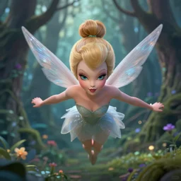 evil tinker bell flying in an enchanted forest, flawless symmetrical pretty cute face, greg rutkowski, 8 k, shallow depth of field, intricate detail, concept art,