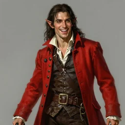 medium-length portrait of a male  elven dashing swashbuckler with dark hair and brown eyes fair skin, cocky expression, laughing, elf, wears a ostentatious bright red longcoat, pirate setting, highly detailed, digital painting, artstation, concept art, sharp focus, illustration, art by greg rutkowski and alphonse mucha