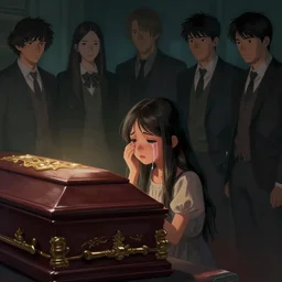 a cute girl with long hair crying in front of a coffin, cinematic lighting, dramatic atmosphere, artwork by dustin nguyen, akihiko yoshida, greg tocchini, greg rutkowski, cliff chiang, 4 k resolution, trending on artstation