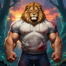 mutant powerlifter bocer muscular oversized lion wearing dirty bloody sport hoodie, casual clothes, portrait, intricate, elegant, highly detailed, studio backlight , colorful digital painting, artstation, cyan mystic forest , sunset , dramatic clouds, concept art, smooth, sharp focus, illustration