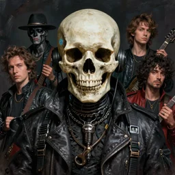 a beautiful portrait of a cyberpunk skull, rock band, by sachin teng and pascal blanche and alphonse mucha and nekro and josan gonzalez in style