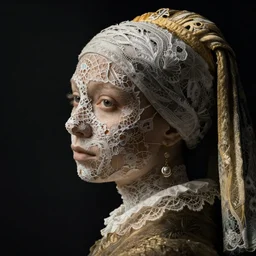 a woman's face in profile, made of intricate lace, in the style of the dutch masters and gregory crewdson, dark and moody
