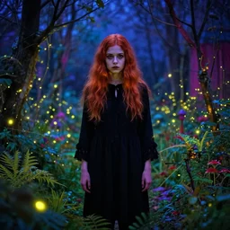 brightly coloured folk horror scene with girl dressed in black, with auburn hair. a garden that seems haunted. there are bright fireflies