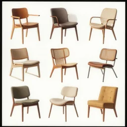 full color page scan catalog sheet of various retro chairs on white background, matte painting