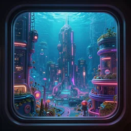 view through window, an underwater cyberpunk city, very detailed, very colorful, vibrant, 8 k, photorealistic, octane render