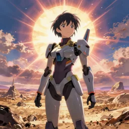 Girl mecha pilot from the original anime titled Kyoukai Senki by Makoto Shinkai, character design by Ilya Kuvshinov and Greg Rutkowski, Key Visual, PV, dramatic wide angle shot of the wasteland, by Studio Trigger, vibrant