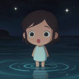 cute girl with puckered lips standing on top of water looking down with curiosity into the dark abys with the stars above reflecting onto the water, trending on artstation, trending on deviantart, cinematic lighting, high detail, greg rutkowski, 8 k upscaling