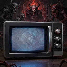 a evil microwave with a tv screen covered in static, intricate, highly detailed, digital painting, artstation, satanic, demonic, gateway to hell, monsters, concept art, smooth, sharp focus, illustration, unreal engine 5, 8 k, art by artgerm and greg rutkowski and alphonse mucha