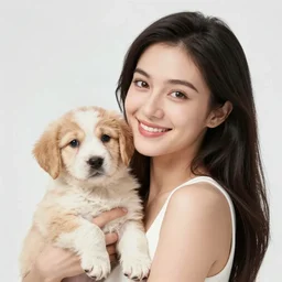 woman with puppy, daz, 2 0 - years old, smiling and looking, portrait painting, octane render, white background, art, 8 k, colorful,