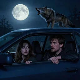 Stunning Digital Art of a man and woman hiding inside of a car. Scared of werewolf howling at the moon outside by Stefan Koidl