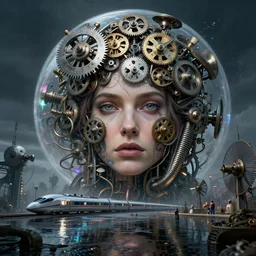 detailed face of a woman, clockwork, moment, tectonic sky, skydome, bullet train, turbines, utopian, tech noir, wet reflections, prism, atmospheric, ambient, pj crook, syd mead, livia prima, artgerm, greg rutkowski, nick alm, casey baugh, tousled bangs, 8 k, hdr