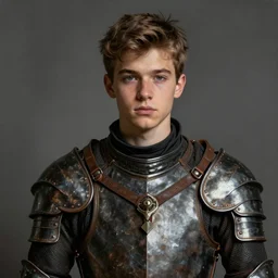 portrait painting of a young male teen wearing a worn leather gambeson, sharp focus, award - winning, trending on artstation, masterpiece, highly detailed, intricate. art by rebecca guay