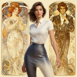 modern woman | hyperrealistic | action pose | digital painting | trending on artstation | pinup portrait | clean | illustration | dressed | unreal engine 5 | 8 k resolution | by greg rutkowski alphonse mucha gustav klimt and mel ramos | coherent