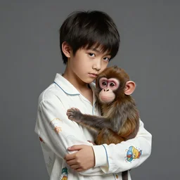 young boy wearing white fabric pajama with cartoon paintings on it hugging a small monkey in his hands. highly detailed, digital painting, artstation, concept art, smooth and sharp focus, cg by tian zi and wlop and alphonse mucha