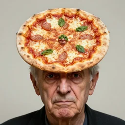 head and shoulders portrait of an old man with a flat circular head, shaped like a pizza, with a small face sticking through the center of a pizza margherita, disturbing reality, shocking revelation, unsettling, extremely detailed, soft lighting, sharp focus, highly symmetrical, droopy eyes, exhibition, masterpiece by morten krogvold